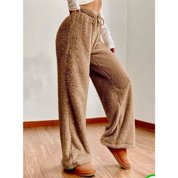 NWT Gorgeous L Cozy Fluffy Sherpa lk Tan Wide Leg Elastic Drawstring Teddy Pants - Picture 2 of 12